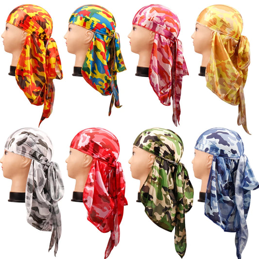 Fashion Camo Men&#39;s Silky Durags Turban Print Unisex Silk Durag Headwear Bandans Headband Hair Accessories Pirate Hat Waves Rags